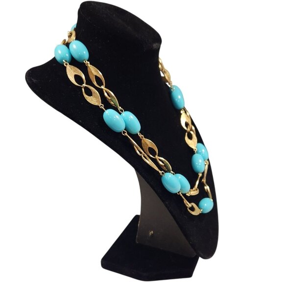 Vintage Gold-Tone & Turquoise Beaded Necklace With Matching Clip-On Earrings Set - Picture 3 of 16